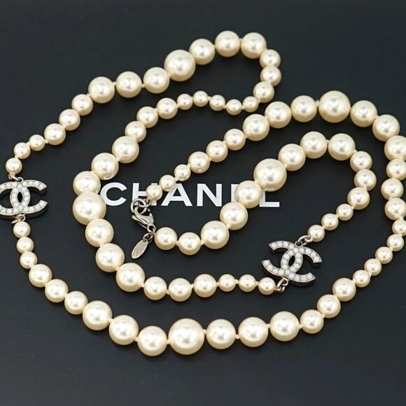 CHANEL CC Logos Pearl Necklace Necklace 34" Silver Tone 10V Auth w/Box #20240 - Picture 1 of 6